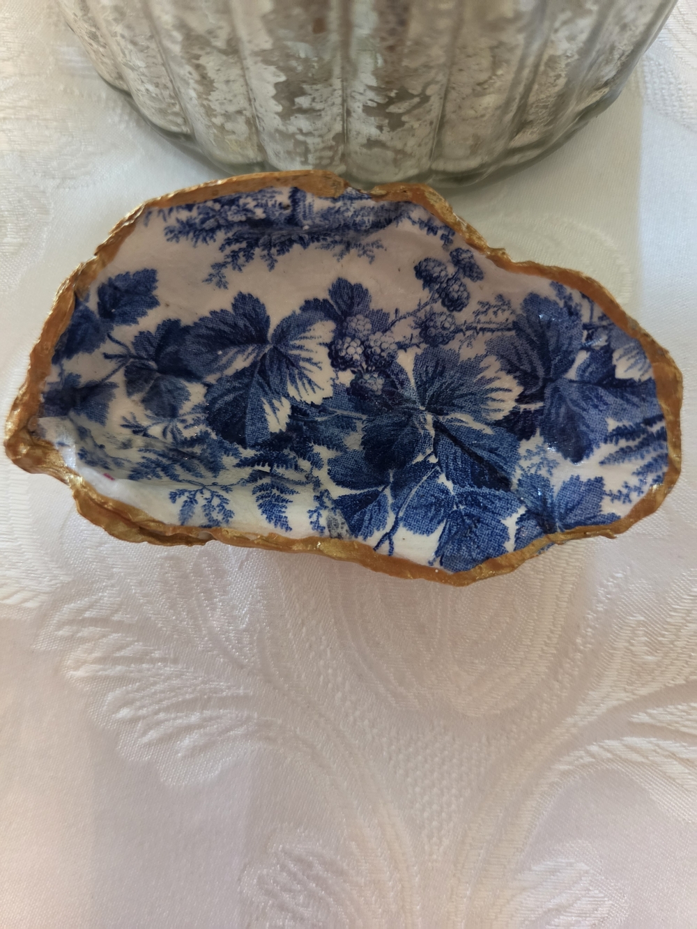Handpainted Decoupaged Vintage Oyster Shell Trinket Dish